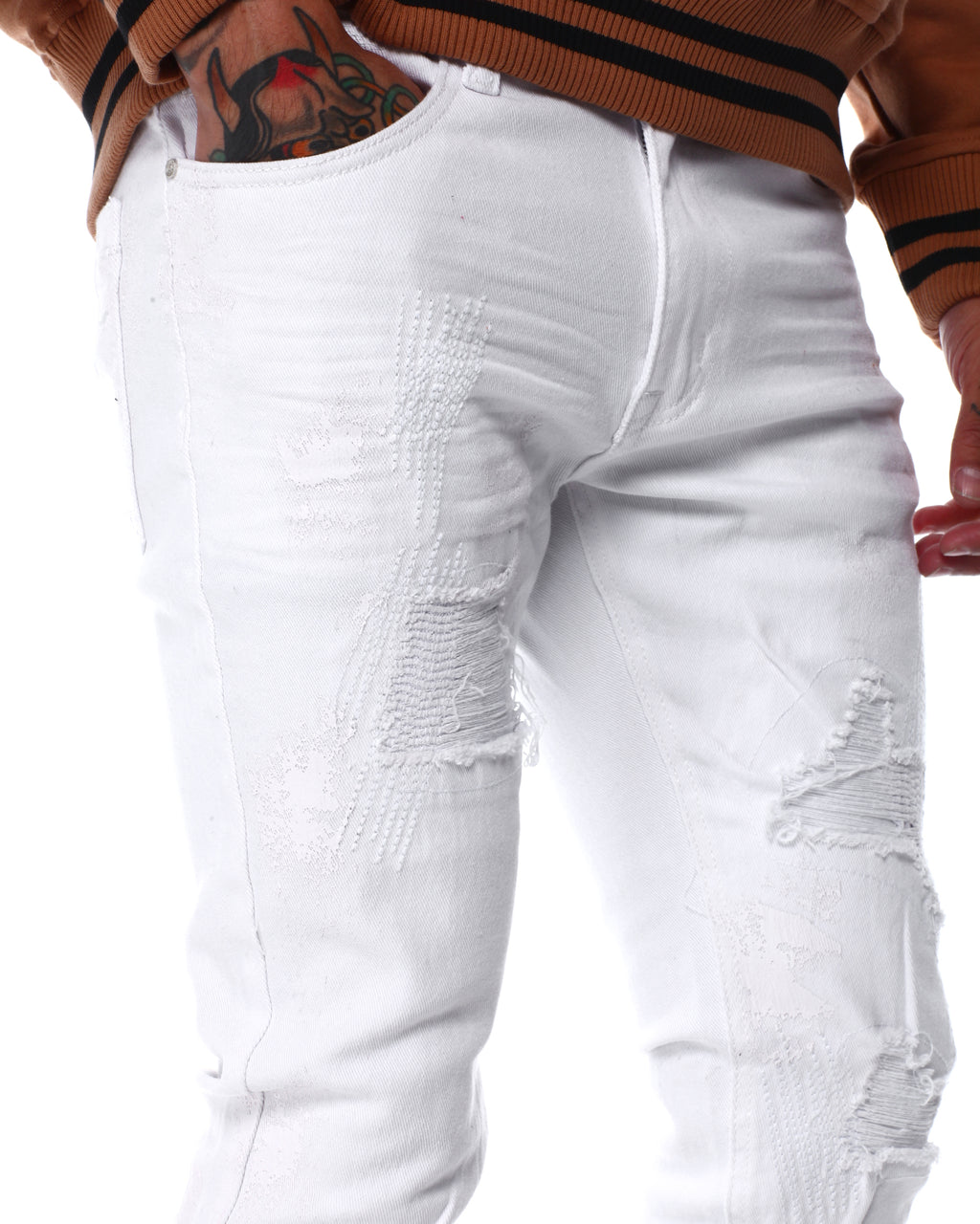 SWITCH MEN'S RIPPED EMBROIDED DENIM JEANS WITH PAINT (WHITE)