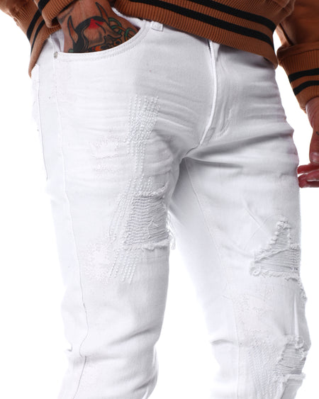 SWITCH MEN'S RIPPED EMBROIDED DENIM JEANS WITH PAINT (WHITE)