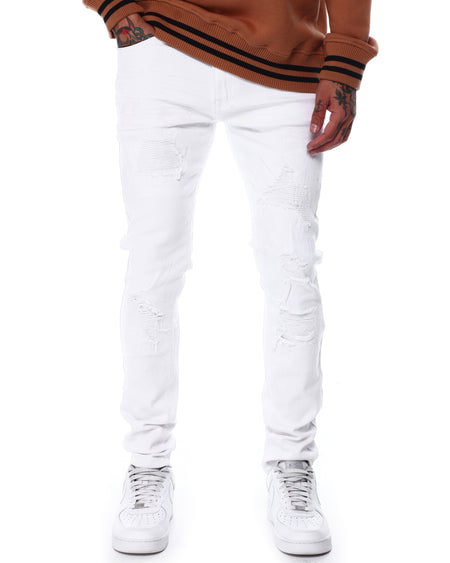 SWITCH MEN'S RIPPED EMBROIDED DENIM JEANS WITH PAINT (WHITE)