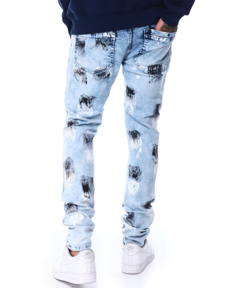 SWITCH MEN'S RIPPED EMBROIDED DENIM JEANS WITH PAINT (ICE BLUE)