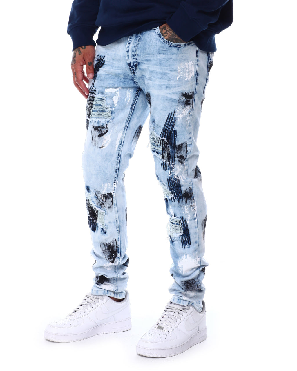 SWITCH MEN'S RIPPED EMBROIDED DENIM JEANS WITH PAINT (ICE BLUE)