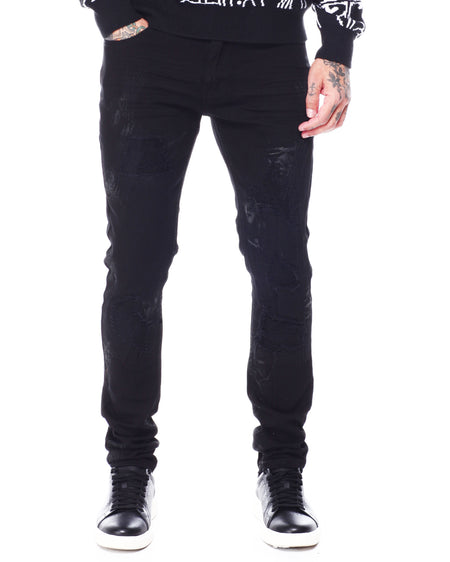 SWITCH MEN'S RIPPED EMBROIDED DENIM JEANS WITH PAINT (JET BLACK)