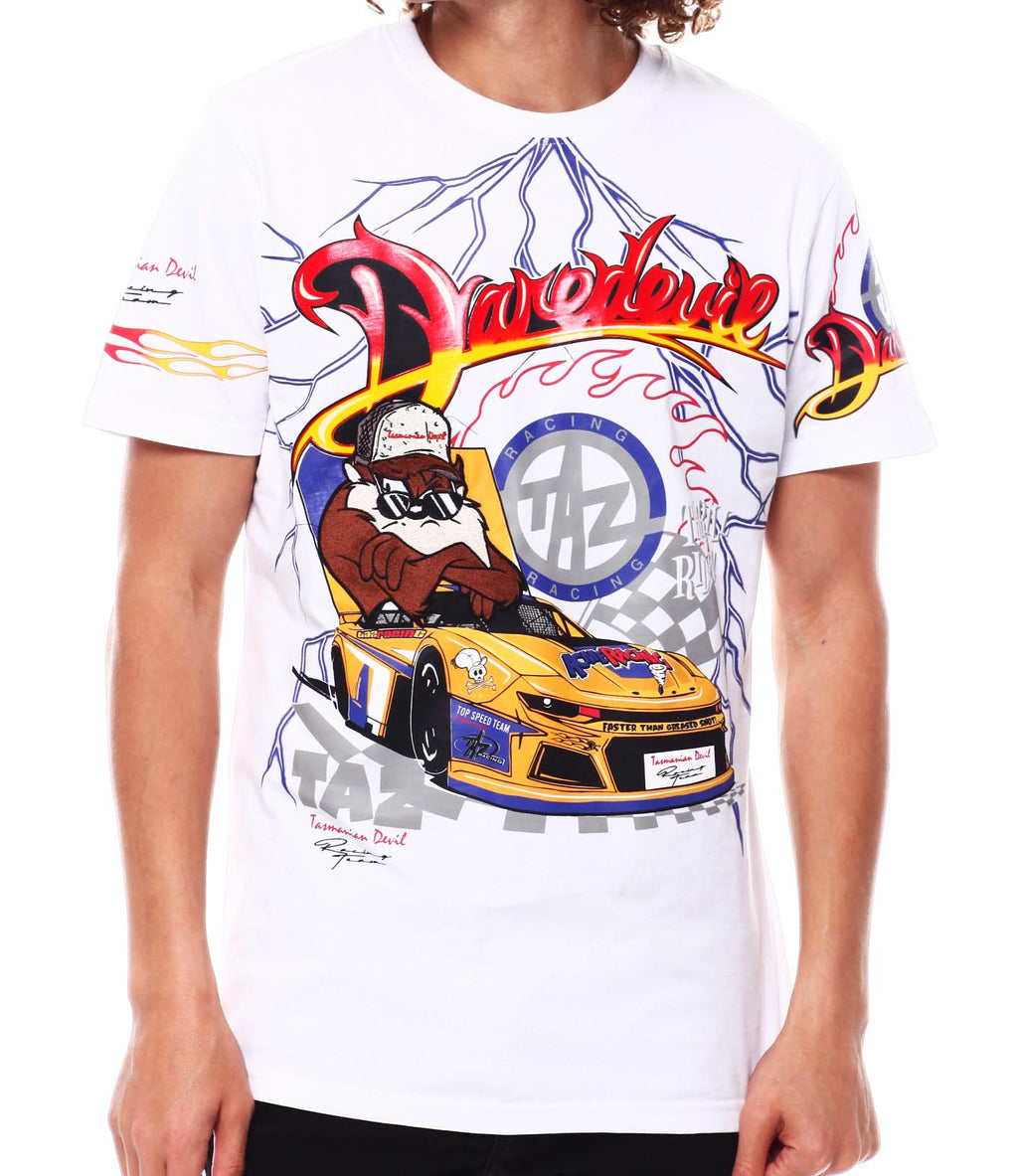 MEN'S LOONEY TUNES TAZ DAREDEVIL PATCH RACING T-SHIRT (WHITE)