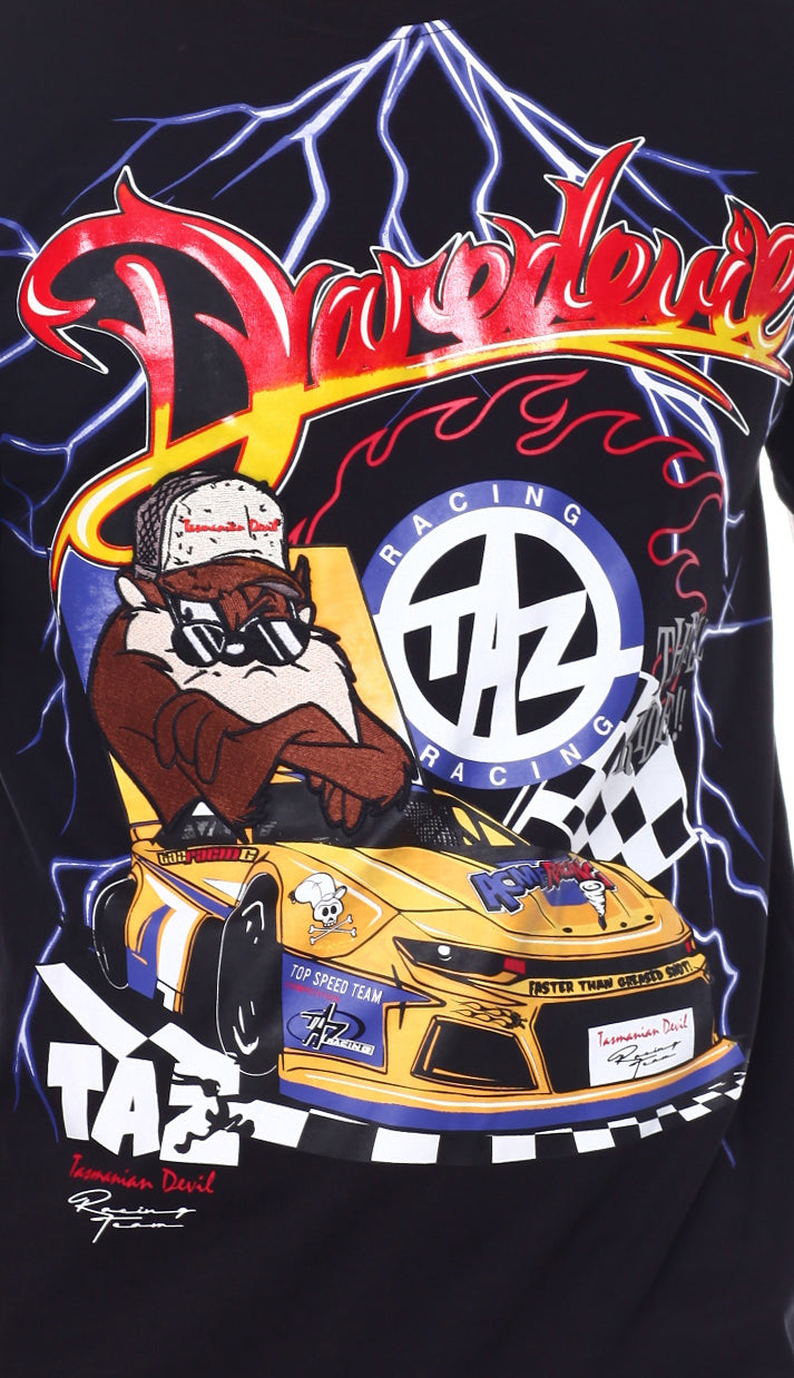 MEN'S LOONEY TUNES TAZ DAREDEVIL PATCH RACING T-SHIRT (BLACK)