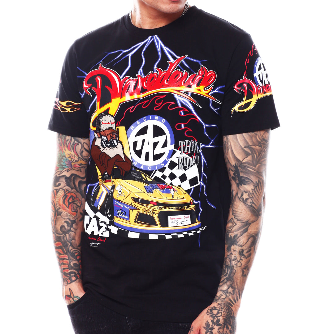 MEN'S LOONEY TUNES TAZ DAREDEVIL PATCH RACING T-SHIRT (BLACK)