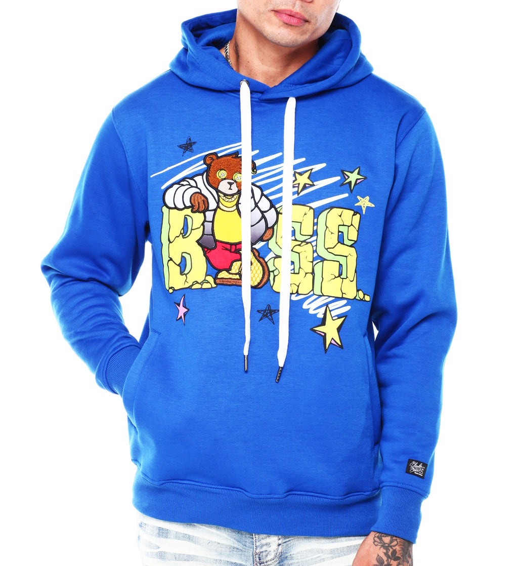 BLEECKER & MERCER MEN'S BOSS PRINT GRAPHIC FLEECE HOODIE (ROYAL BLUE)