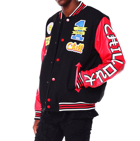 BLACK INK MEN'S MIXED FABRIC VARSITY JACKET W/ PATCHES (BLACK/RED)