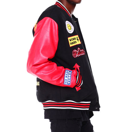 BLACK INK MEN'S MIXED FABRIC VARSITY JACKET W/ PATCHES (BLACK/RED)