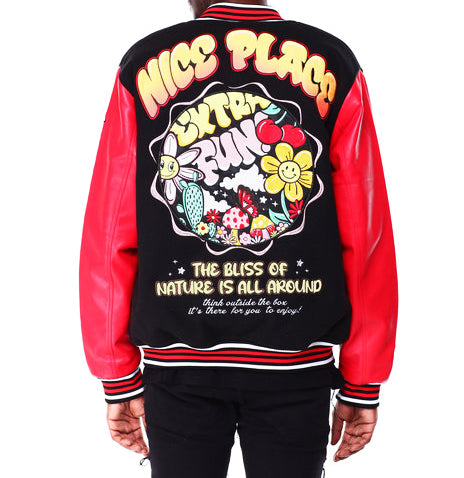 BLACK INK MEN'S MIXED FABRIC VARSITY JACKET W/ PATCHES (BLACK/RED)