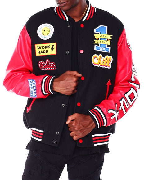 BLACK INK MEN'S MIXED FABRIC VARSITY JACKET W/ PATCHES (BLACK/RED)