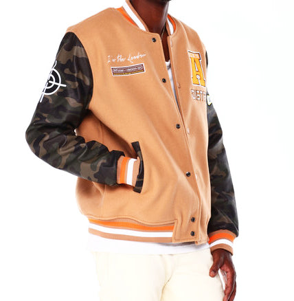 BLACK INK MEN'S CAMO PRINTED VARSITY JACKET W/ PATCHES (KHAKI)