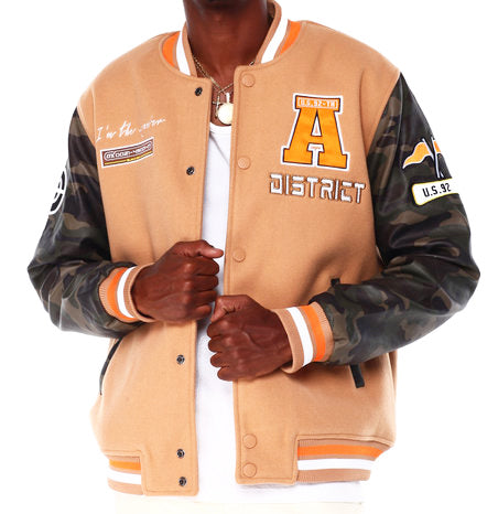 BLACK INK MEN'S CAMO PRINTED VARSITY JACKET W/ PATCHES (KHAKI)