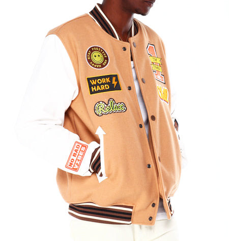 BLACK INK MEN'S MIXED FABRIC VARSITY JACKET W/ PATCHES (KHAKI)