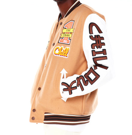 BLACK INK MEN'S MIXED FABRIC VARSITY JACKET W/ PATCHES (KHAKI)