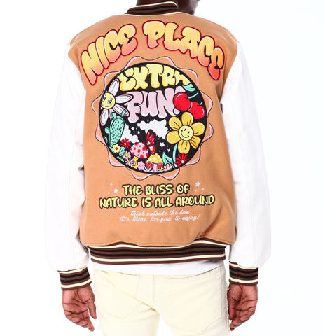 BLACK INK MEN'S MIXED FABRIC VARSITY JACKET W/ PATCHES (KHAKI)