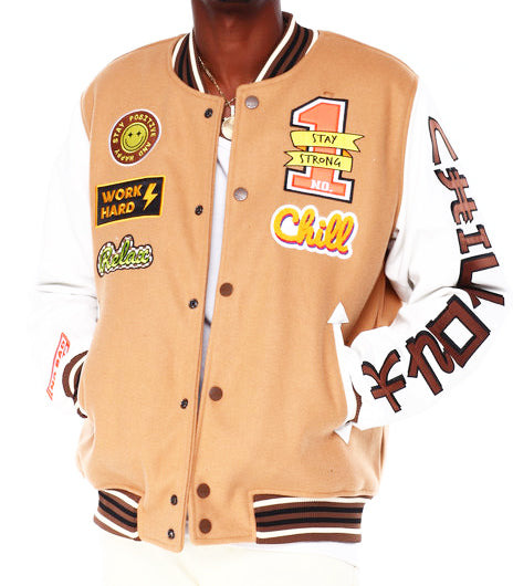 BLACK INK MEN'S MIXED FABRIC VARSITY JACKET W/ PATCHES (KHAKI)