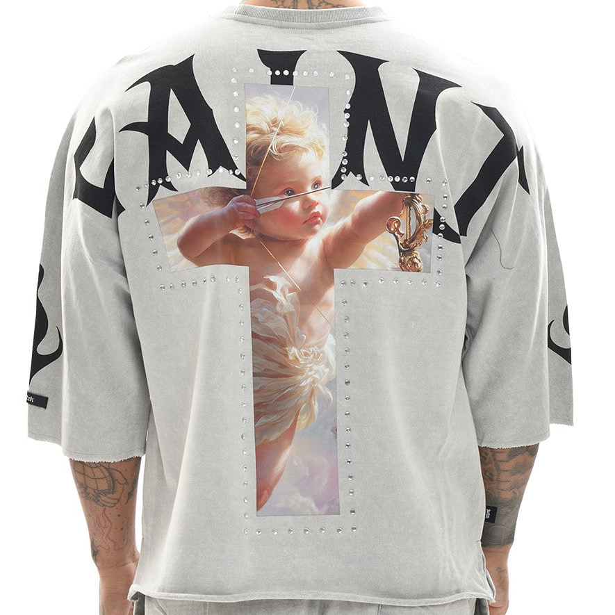 SWITCH MEN'S SAINT RHINESTONE GRAPHIC DESIGN DROP SHOULDER T-SHIRT & SHORTS SET (GREY)