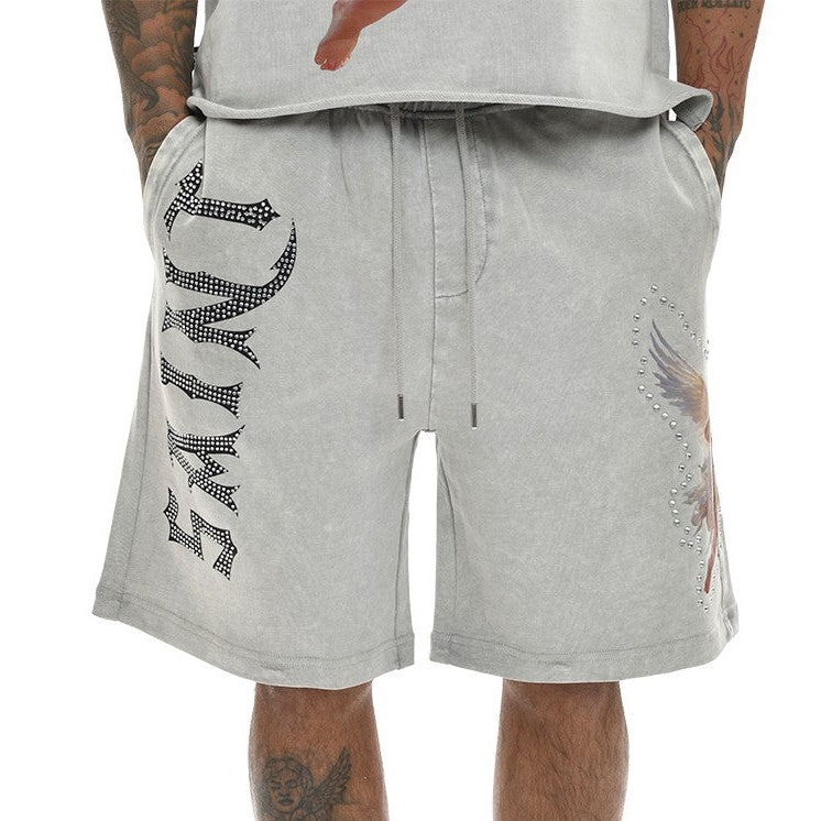 SWITCH MEN'S SAINT RHINESTONE GRAPHIC DESIGN DROP SHOULDER T-SHIRT & SHORTS SET (GREY)