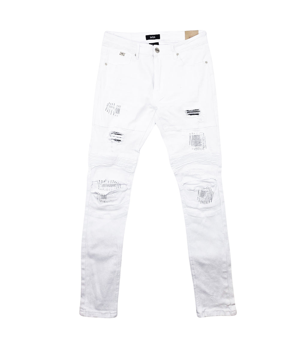 SWITCH REMARKABLE MEN'S SLIM TAPER FIT RIPPED DENIM JEANS (WHITE)