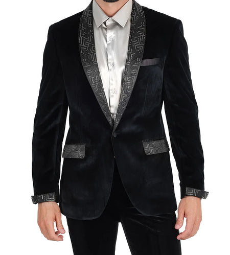 BARABAS MEN'S VELOUR RHINESTONE BLAZER (BLACK/SILVER)