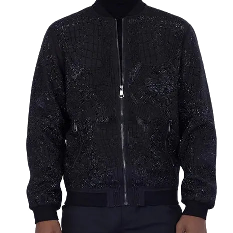 BARABAS MEN'S GEOMETRIC RHINESTONE JAGGY BOY BOMBER BLACK JACKET