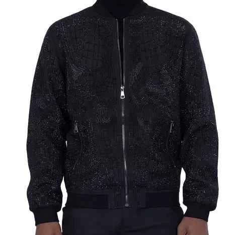 BARABAS MEN'S GEOMETRIC RHINESTONE JAGGY BOY BOMBER BLACK JACKET