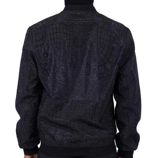 BARABAS MEN'S GEOMETRIC RHINESTONE JAGGY BOY BOMBER BLACK JACKET