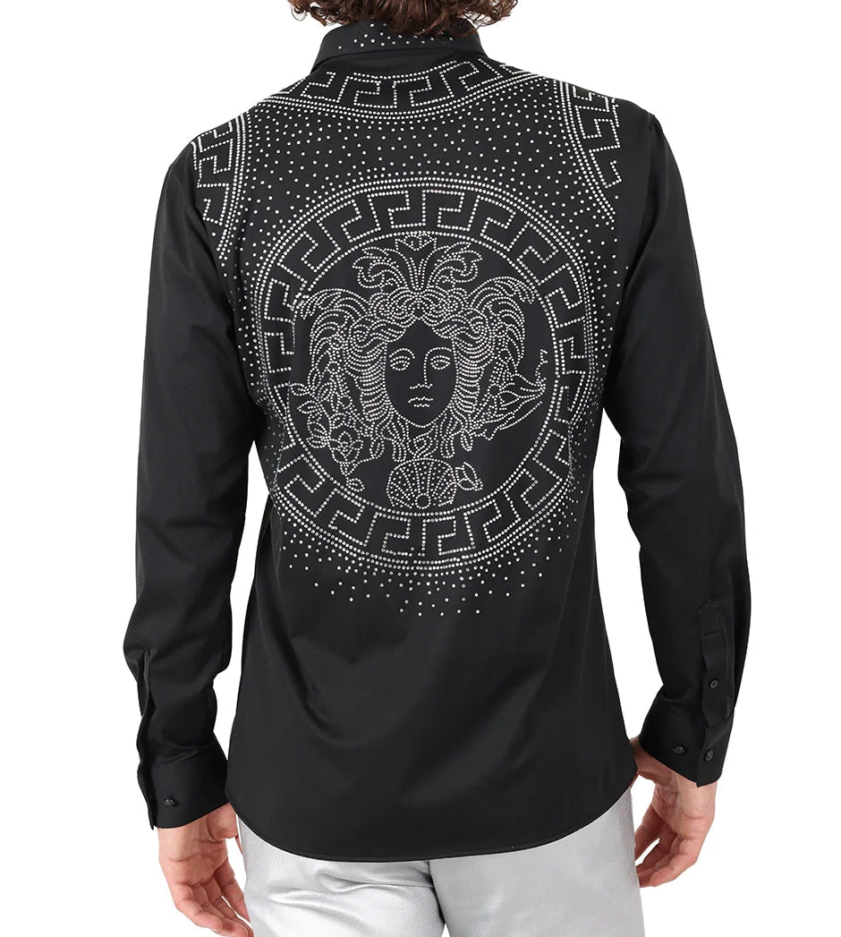 BARABAS MEN'S RHINESTONE LONG SLEEVE SHIRT (BLACK/SILVER)