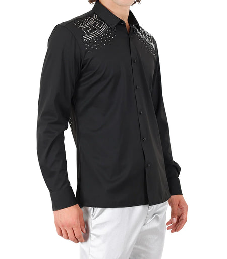 BARABAS MEN'S RHINESTONE LONG SLEEVE SHIRT (BLACK/SILVER)