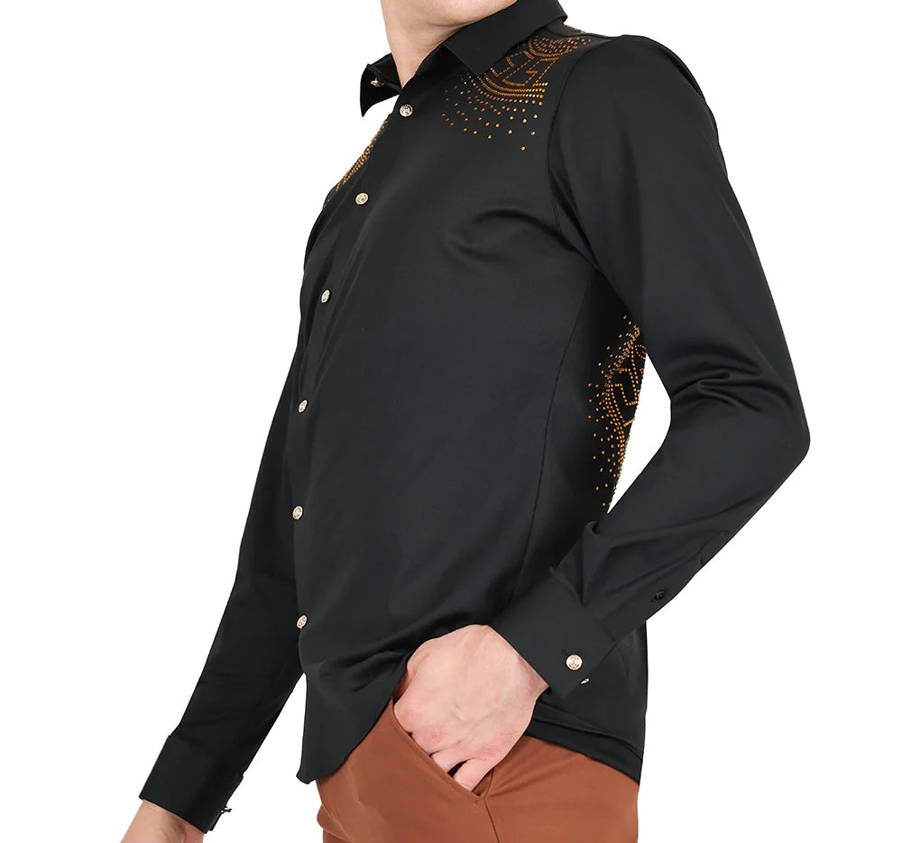 BARABAS MEN'S RHINESTONE LONG SLEEVE SHIRT (BLACK/GOLD)