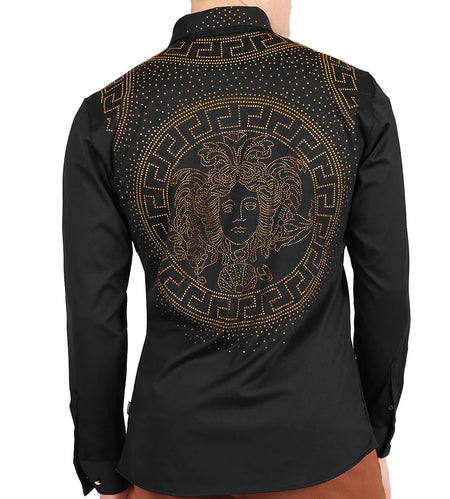 BARABAS MEN'S RHINESTONE LONG SLEEVE SHIRT (BLACK/GOLD)