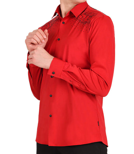 BARABAS MEN'S RHINESTONE LONG SLEEVE SHIRT (RED/BLACK)