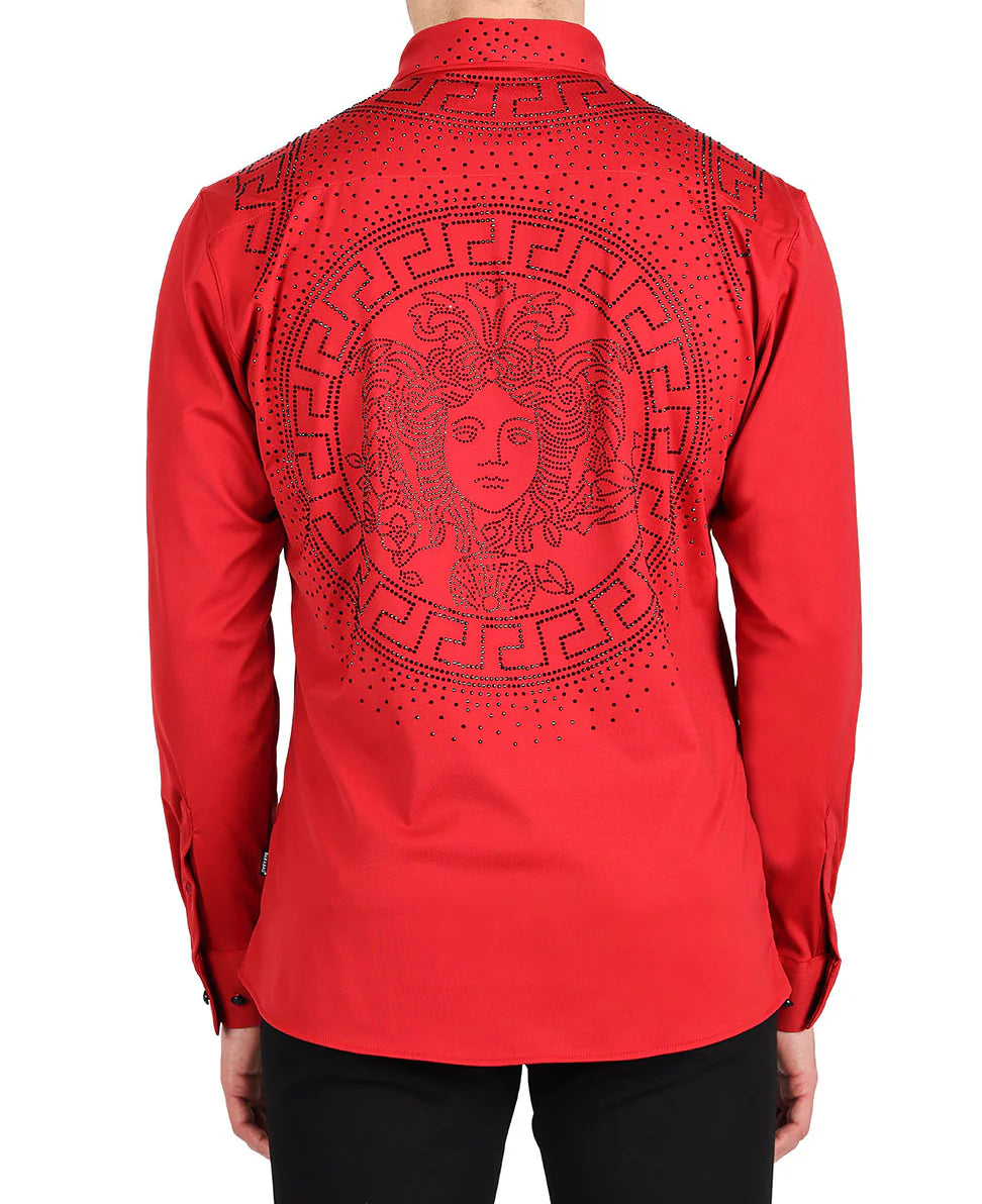 BARABAS MEN'S RHINESTONE LONG SLEEVE SHIRT (RED/BLACK)