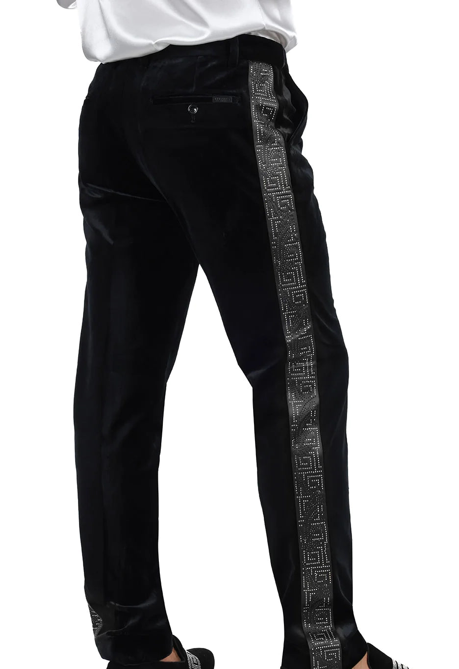 BARABAS MEN'S VELOUR RHINESTONE LUXURY PANTS (BLACK/SILVER)