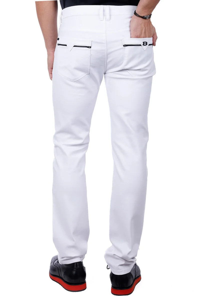 BARABAS MEN'S WHITTLE STYLE SLIM FIT SOLID COLOR PREMIUM WHITE PANTS