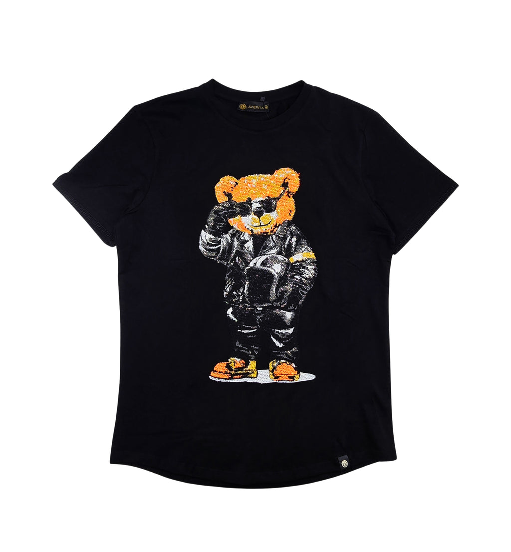 MEN'S RHINESTONE TEDDY BEAR SHORT SLEEVE T-SHIRT (BLACK/ORANGE)