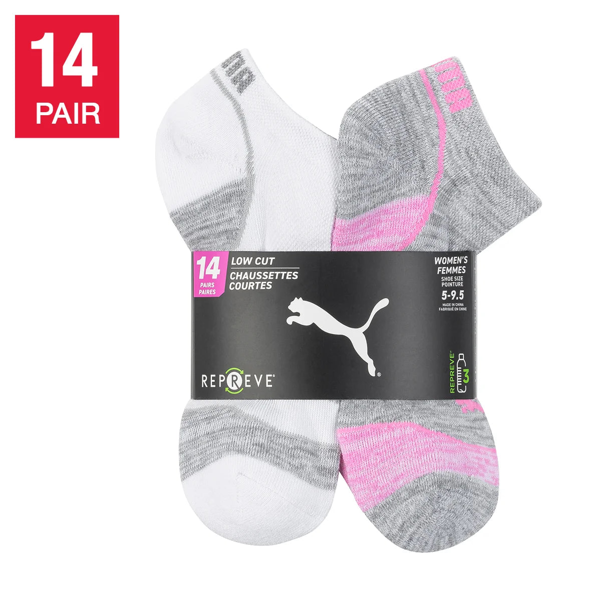 PUMA WOMEN'S REPREVE ATHLETIC 14-PAIRS LOW CUT GREY/WHITE SOCKS