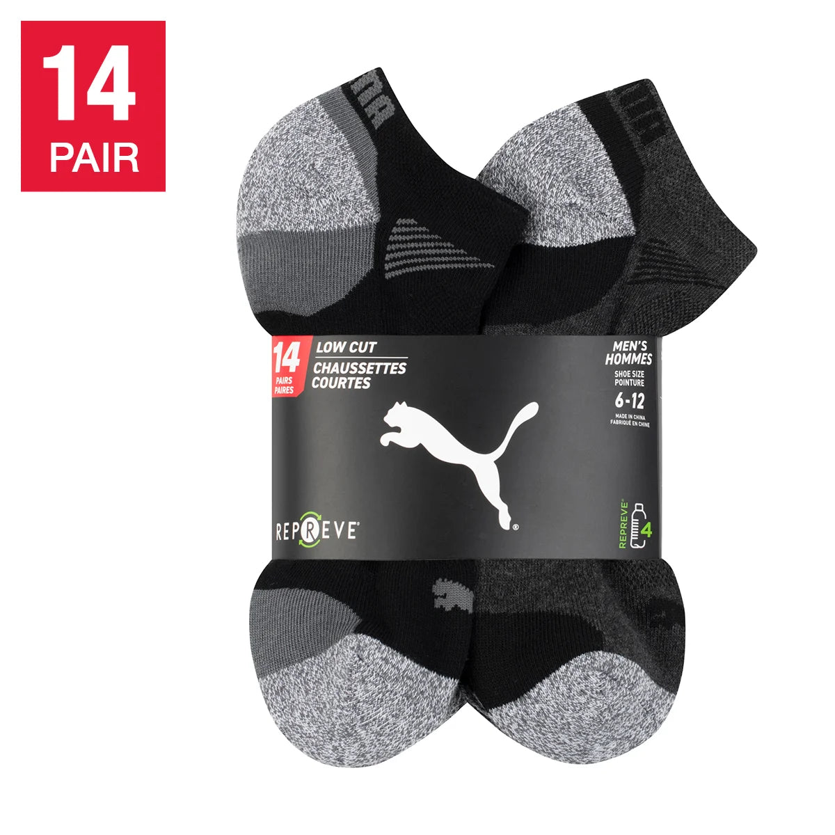 PUMA MEN'S REPREVE ATHLETIC 14-PAIRS BLACK/GREY LOW CUT SOCKS