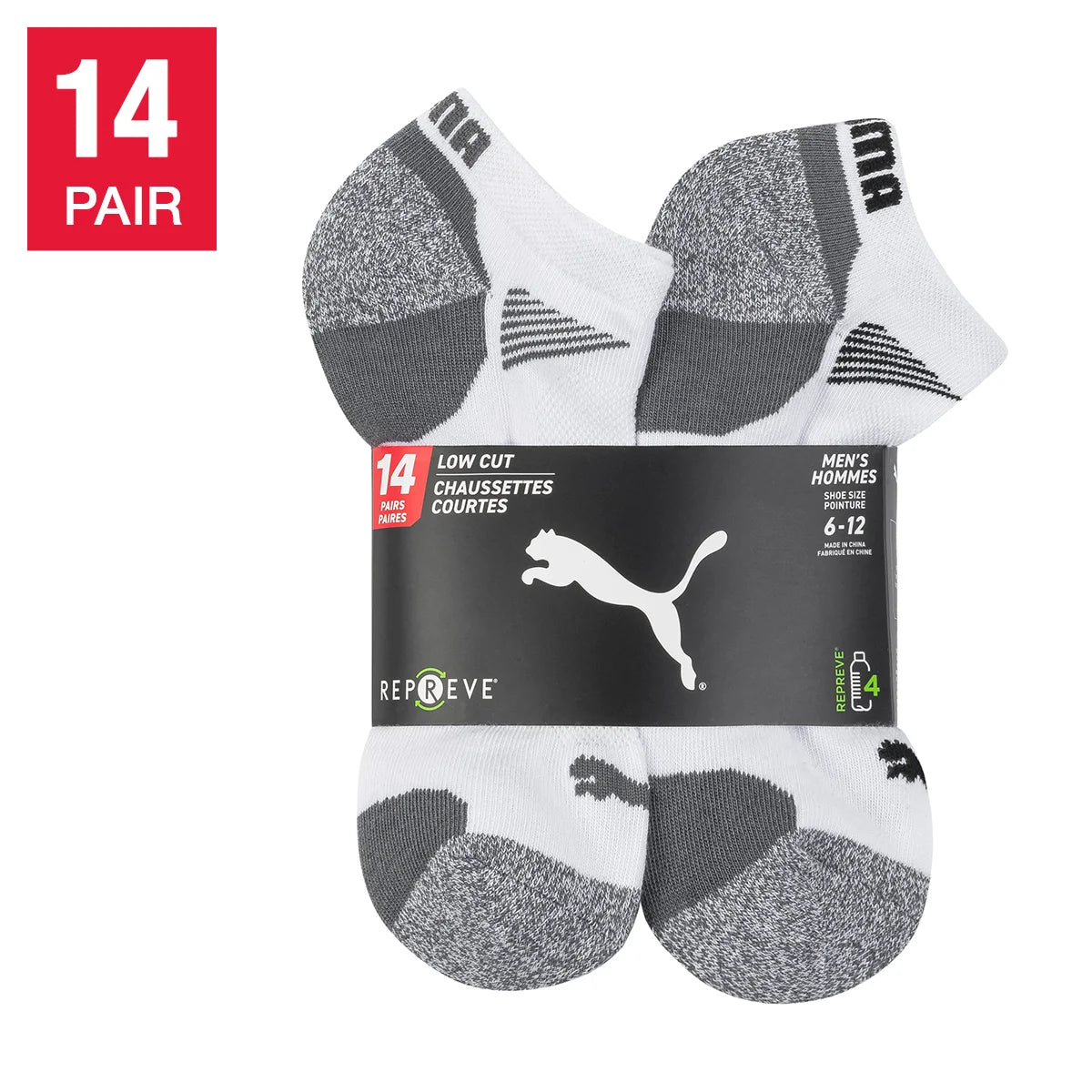 PUMA MEN'S REPREVE ATHLETIC 14-PAIRS WHITE/GREY LOW CUT SOCKS