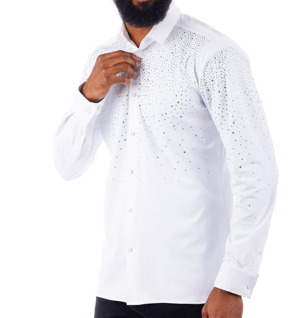 BARABAS MEN'S RHINESTONE LONG SLEEVE SHIRT (WHITE/SILVER)