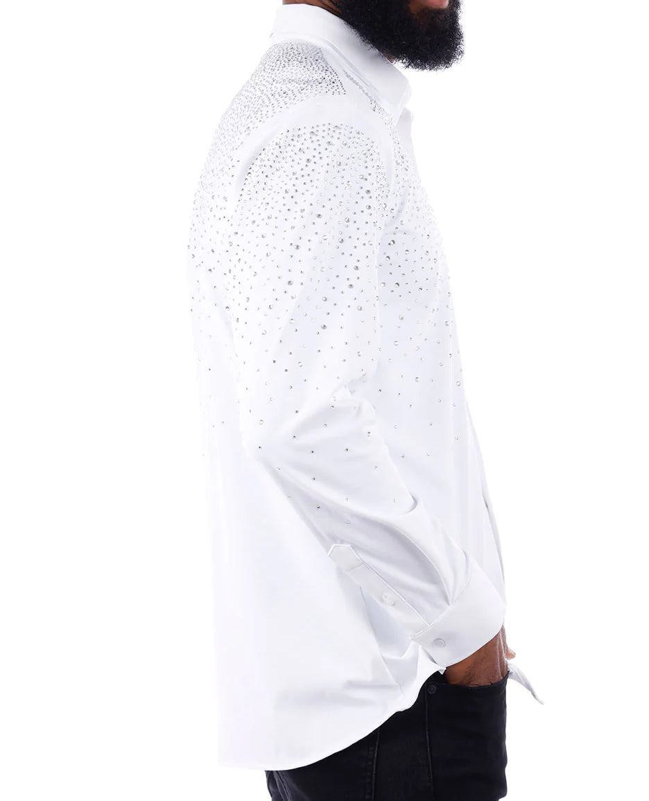 BARABAS MEN'S RHINESTONE LONG SLEEVE SHIRT (WHITE/SILVER)