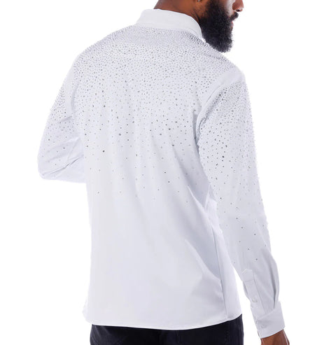 BARABAS MEN'S RHINESTONE LONG SLEEVE SHIRT (WHITE/SILVER)