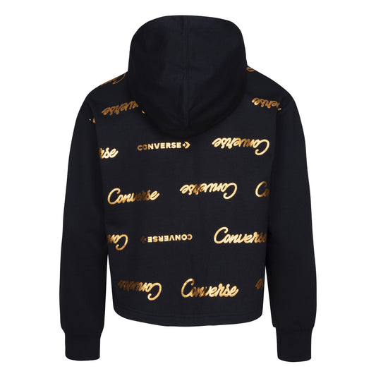 CONVERSE YOUTH GIRLS' SHINY WOODMARK BLACK GRAPHIC LIGHT HOODIE (SIZES YOUTH S-XL)