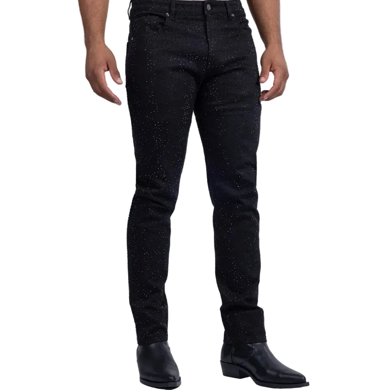 BARABAS MEN'S DOLOROSA RHINESTONE STRETCH BLACK DENIM JEANS