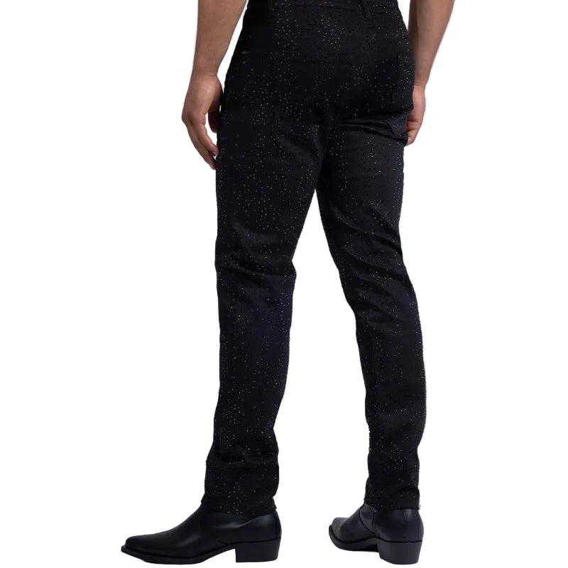 BARABAS MEN'S DOLOROSA RHINESTONE STRETCH BLACK DENIM JEANS