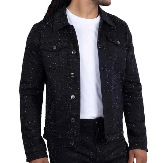 BARABAS MEN'S DOLOROSA RHINESTONE BLACK DENIM JACKET
