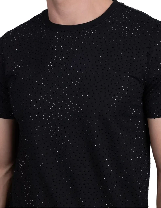 BARABAS MEN'S DOLOROSA RHINESTONE CREW NECK BLACK T-SHIRT