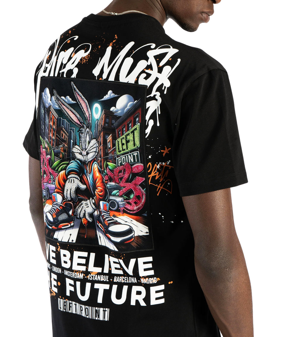 LEFT POINT MEN'S RHINESTONE DESIGN WE BELIEVE THE FUTURE T-SHIRT (BLACK)