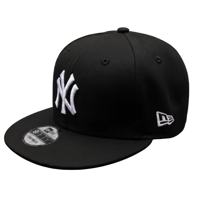 Black New York Yankees cap with white logo on a WHITE background