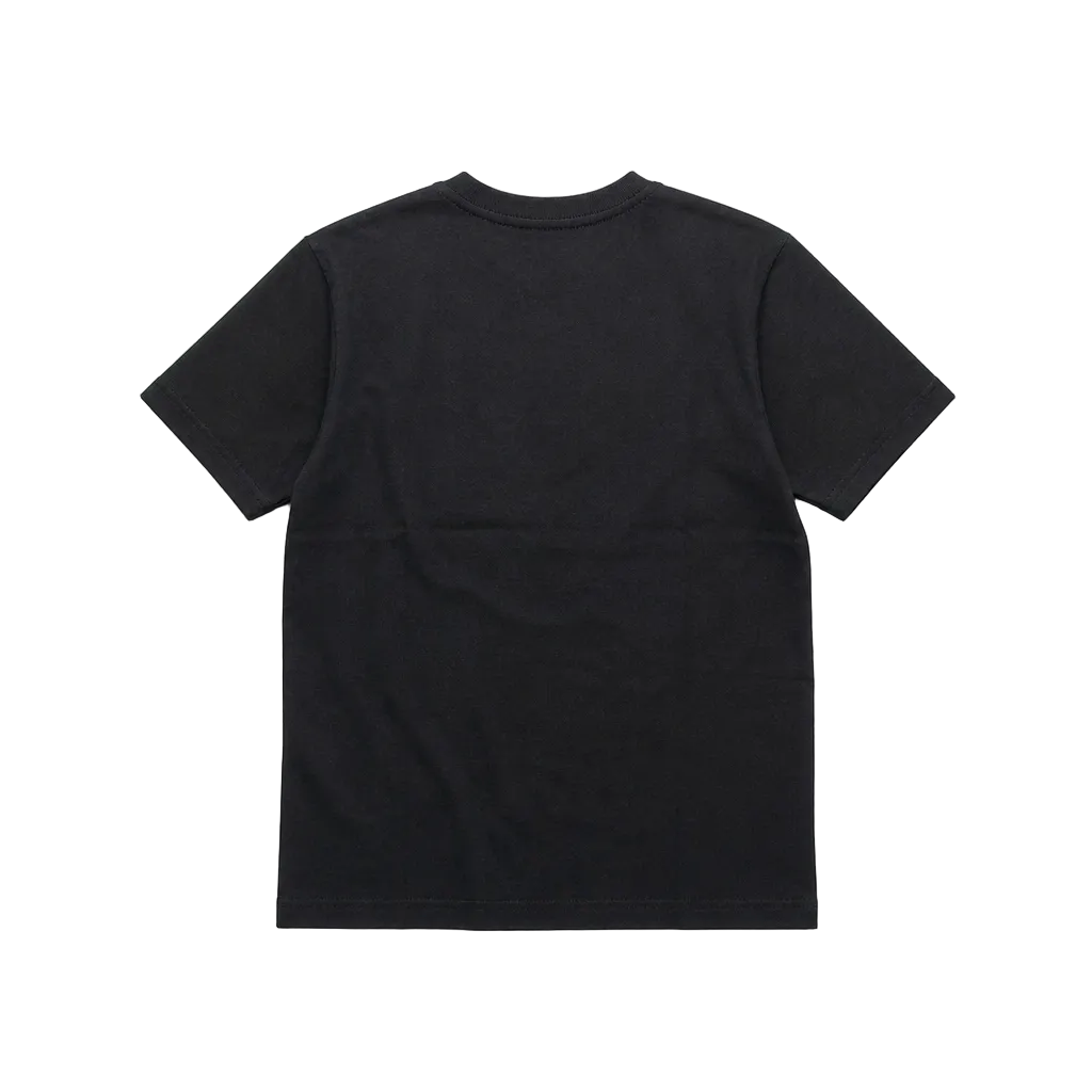 A black short-sleeve crewneck t-shirt shown from the back, laid flat against a light gray background.